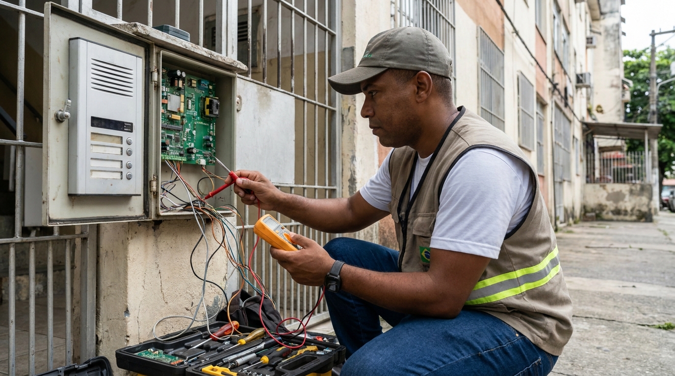 Eletricista consertando interfone em Uberaba‑MG