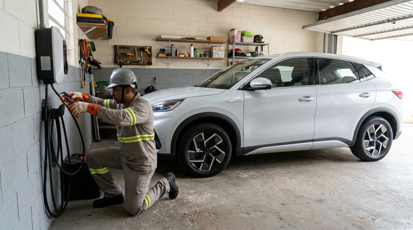 Eletricista instalando carregador de carro eletrico em Uberaba‑MG
