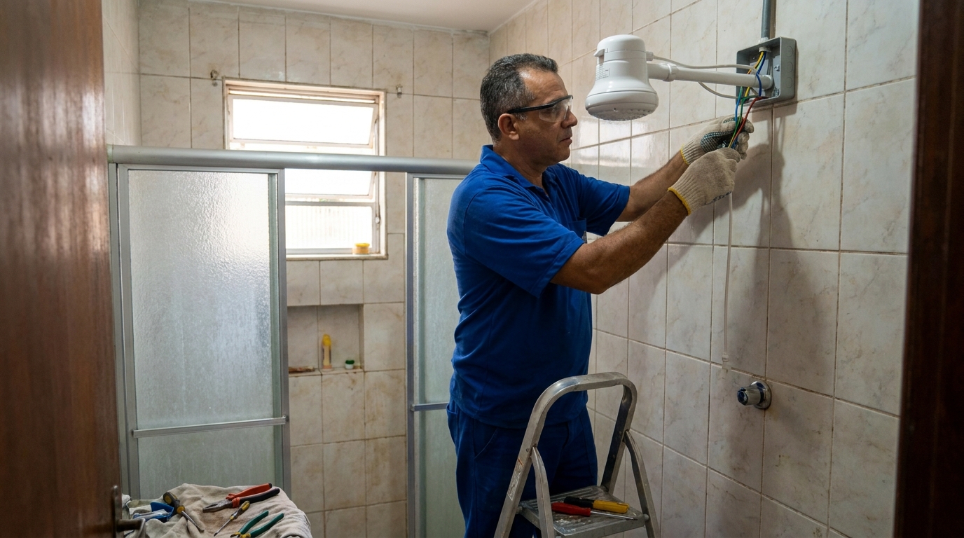 Eletricista instalando chuveiro eletrico em Uberaba‑MG