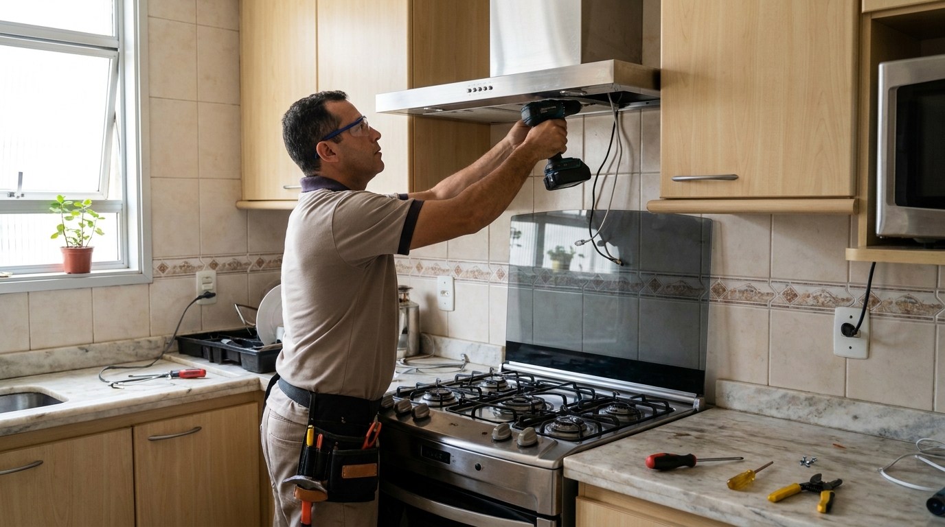 Eletricista instalando coifa em Uberaba‑MG
