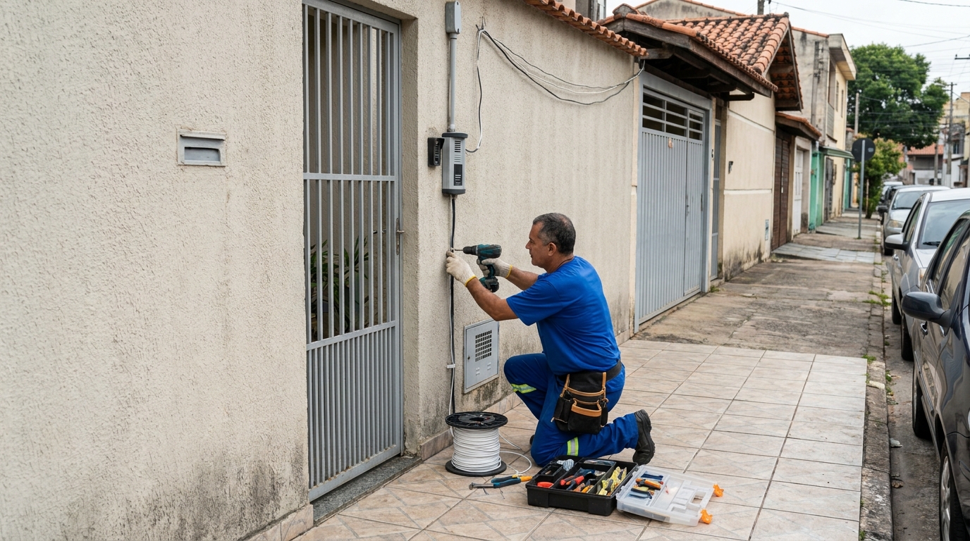 Eletricista instalando interfone em Uberaba‑MG