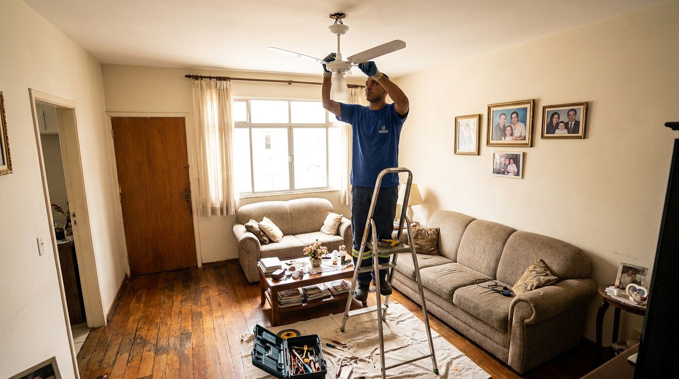 Eletricista instalando ventilador de teto em Uberaba‑MG